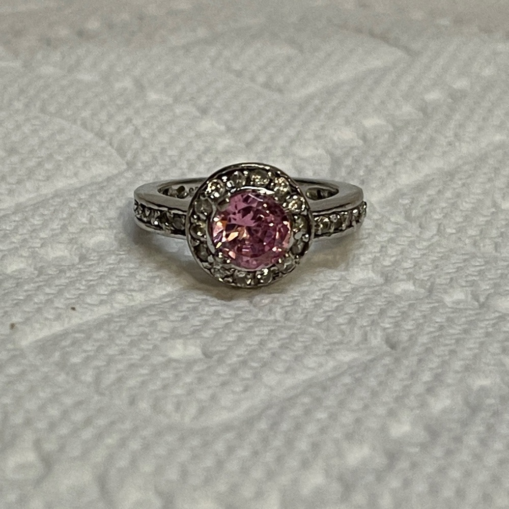 Sterling Silver Ring with Pink Stone and CZ accents - size 7